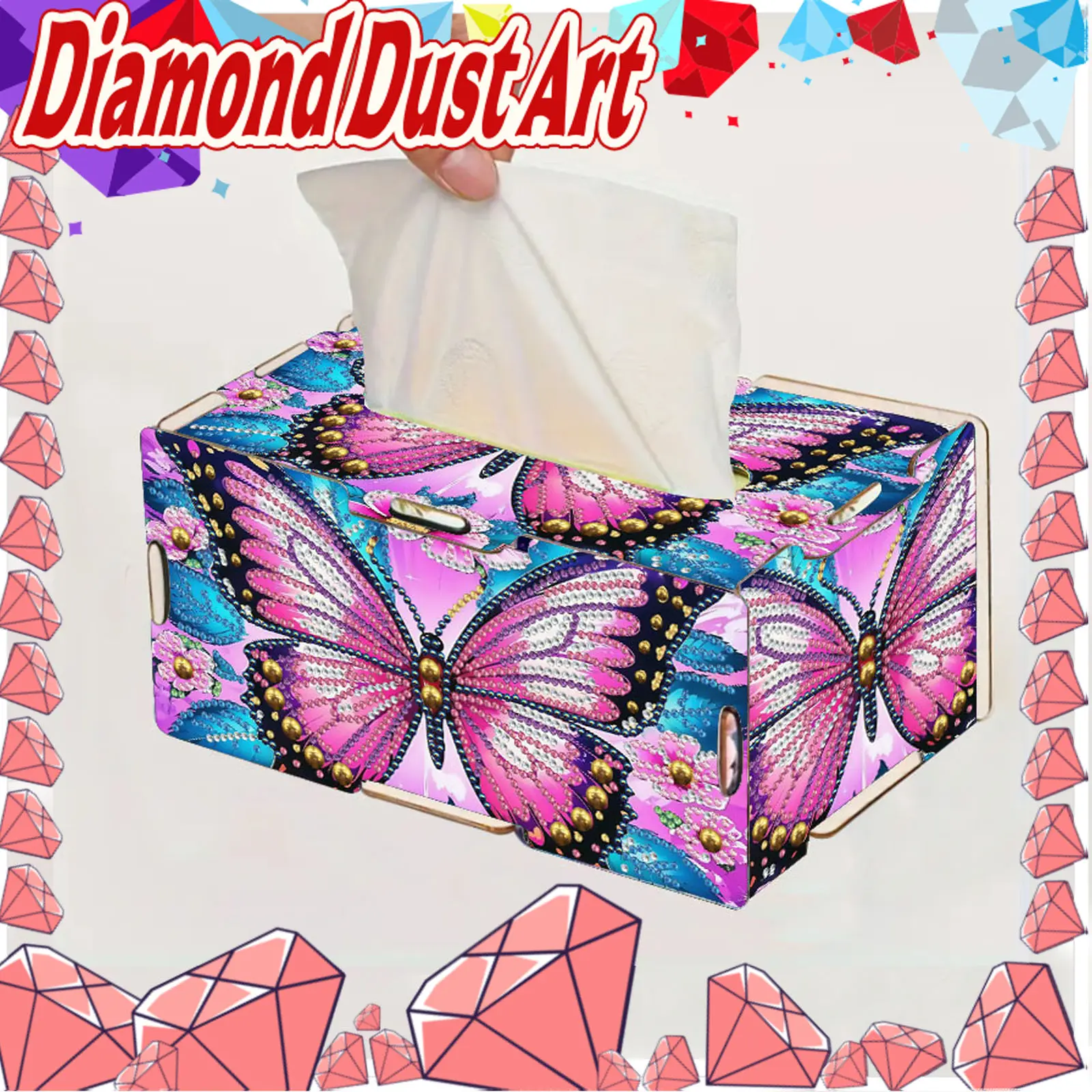 Handcrafted Wooden Butterfly Diamond Painting Tissue Box — Reusable Artistic Storage & Organizer — Home & Office Decor