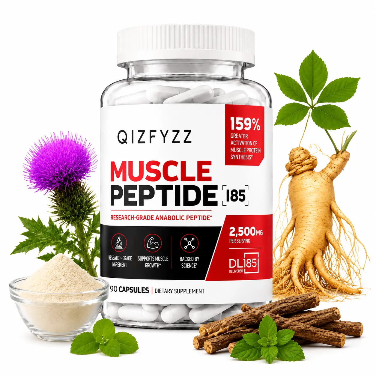 Qizfyzz Muscle Peptide Dietary Supplement - 2500mg Per Serving, 90 Capsules, Prop 65 Safe, Strength Boost Support