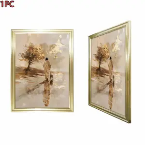 1pc Framed Gold Frame Golden Frame Canvas Art Print For Living Room Bedroom And Study Decor With Elegant Autumn Scene Featuring A Person Walking With A Dog Near A Tree And Reflection On Water Surface