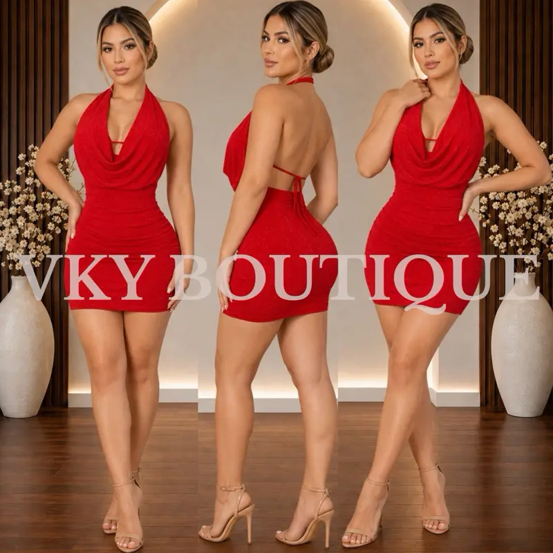 Halter Neck Bodycon Dress Glitter Ruched Mini Dress for Women AS
