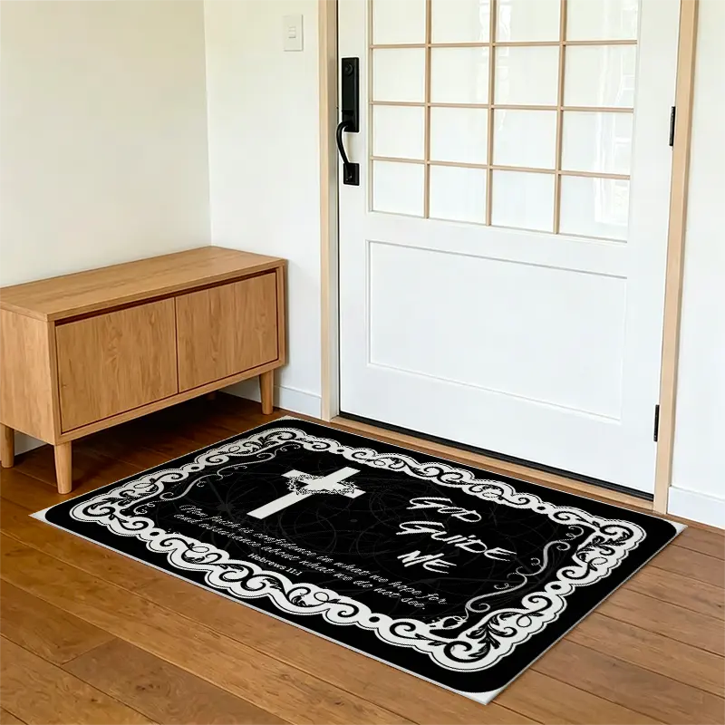 Ornate Scroll Border Religious Print Single Mat, Anti-Slip Base, Washable Fiber, God Guide Me Letter Design, Dust-Catching Rustic Farmhouse Style Home Decor for Indoors/Outdoors Front Door Porch, Rustic Farmhouse Decor