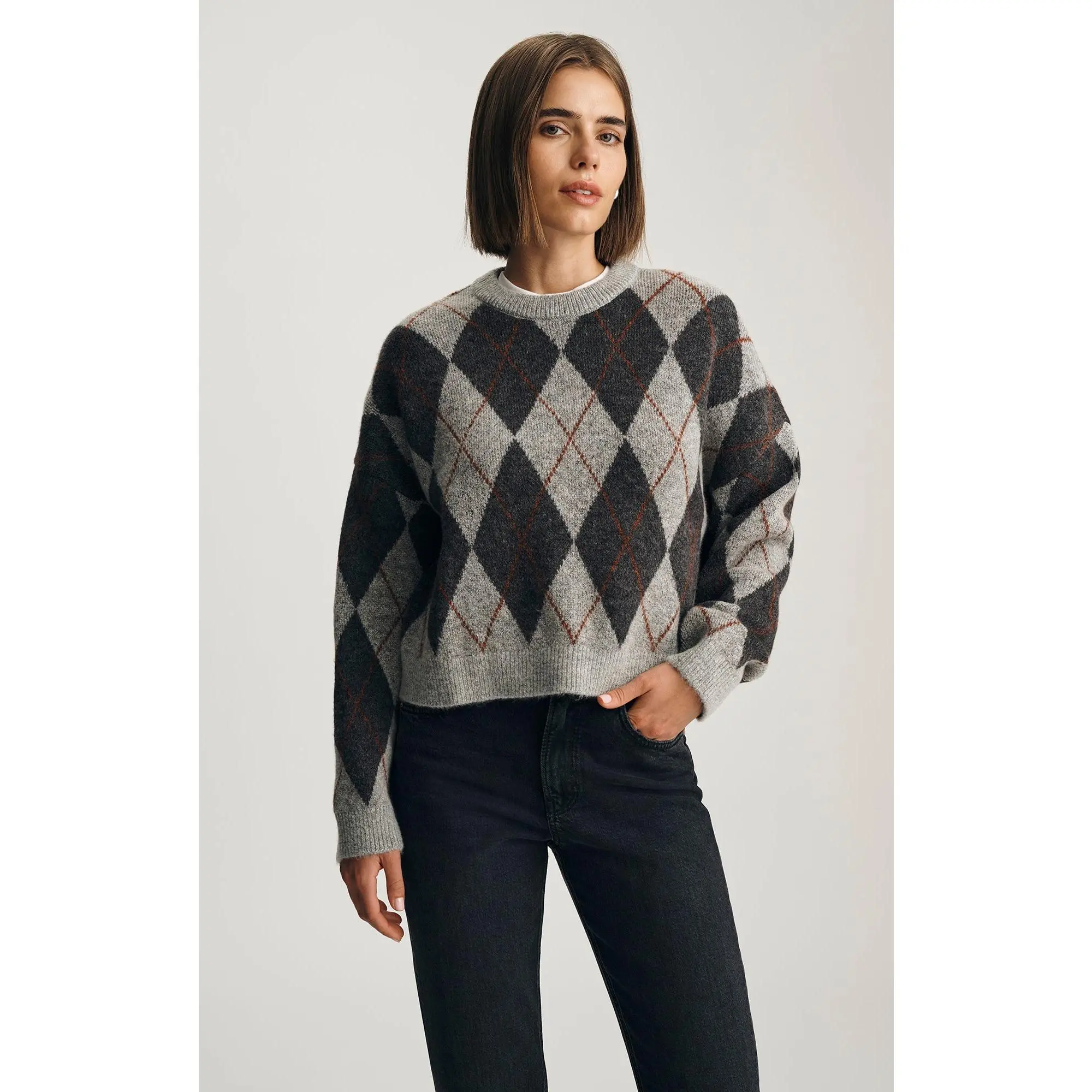 Women's Oversized Argyle Ribbed Long Sleeve Casual Pullover Top - Mid Grey Melange, Polyester Knitted Fabric, Geometric Pattern, Traditional Round Neck, Women's Clothes, Knitwear, Sleeves, Tops, Oversized Look