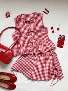 Women's Plaid Sleeveless Adjustable Tie Back Vest Set with Matching Shorts, Casual Summer for Dating and Weekend Shopping Womenswear