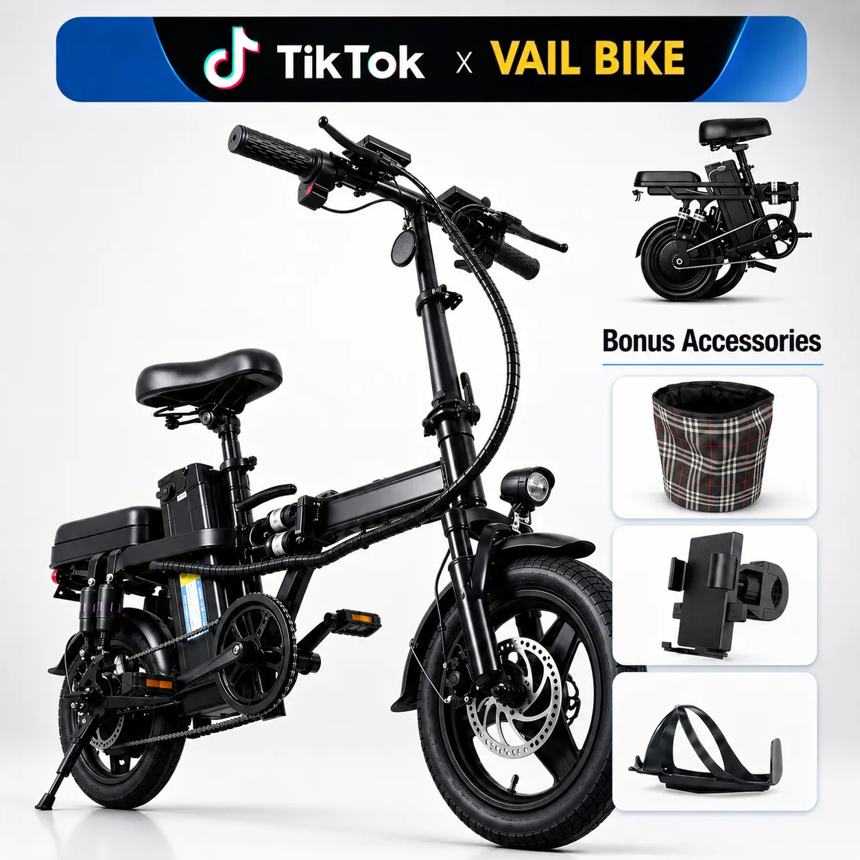 Adult Folding Electric Bike, 800W Motor, 48V 15Ah Battery, Up to 20 MPH & 30 mi Range, 14-Inch Tires, 3 Riding Modes, Mechanical Disc Brakes, Compact Commuter E-Bike for Daily Travel