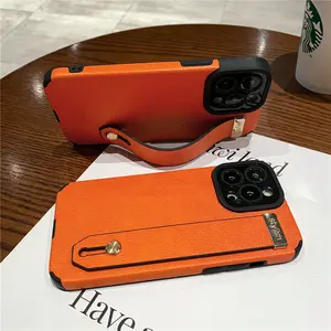 Luxury Wrist Strap Holder Leather Texture Case For iPhone 17 ProMax 16 15 11 12 13 14 Pro Max XS X XR 8 7 Plus Soft Silicone Bracket Cover Protector Screen Protector Protection Protective Smartphone Casing Cellphone Shockproof Black