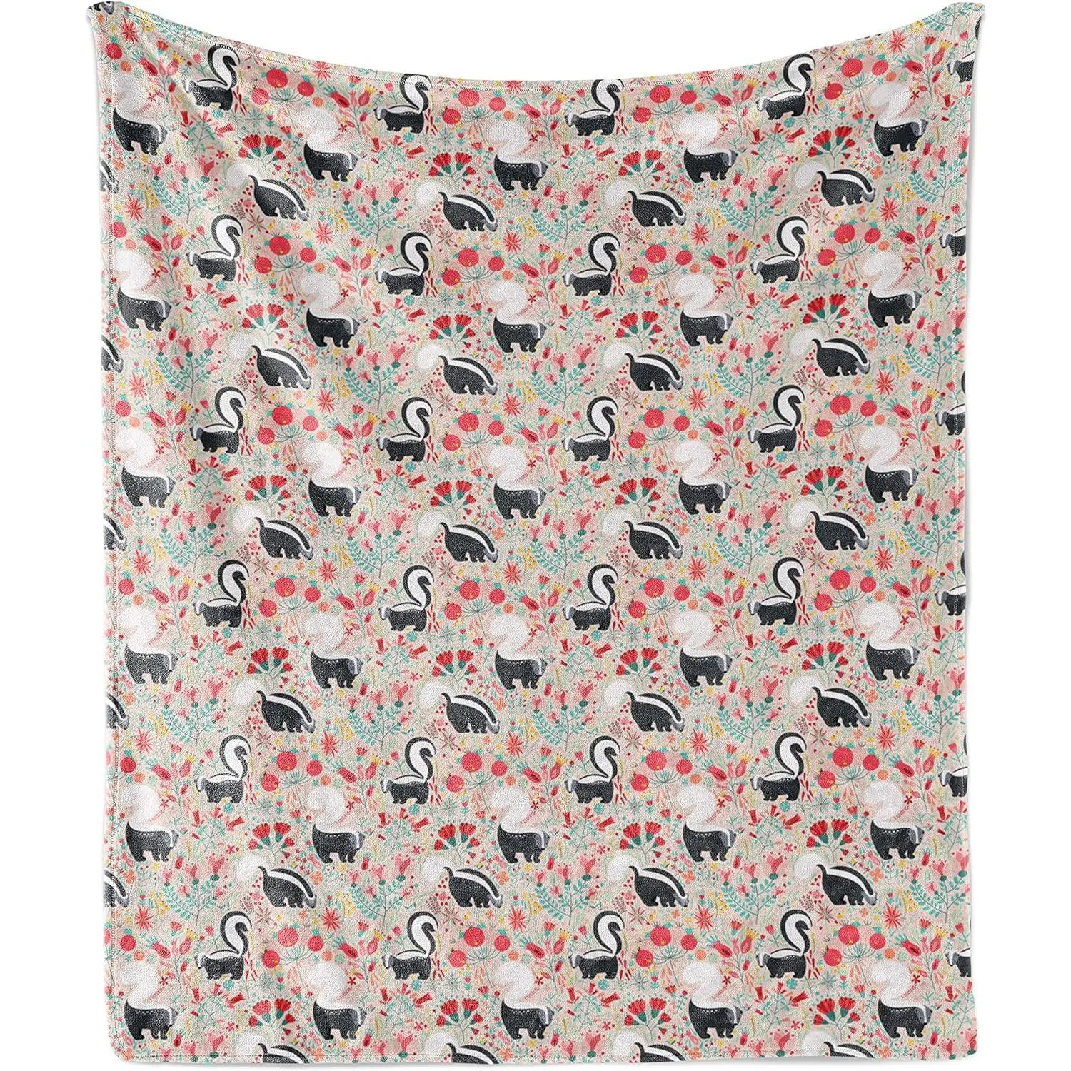Forest Throw Blanket - Fluffy, Boho, Adorable Style, Afghan Style, Animal Artwork Blanket, Flannel Fleece, Soft Coral Green Couch Cover with Skunk Cartoon, Botanical Garden Blooms, Spring Foliage, 50"x60" for Adults, Fluffy Blankets, Boho Blankets