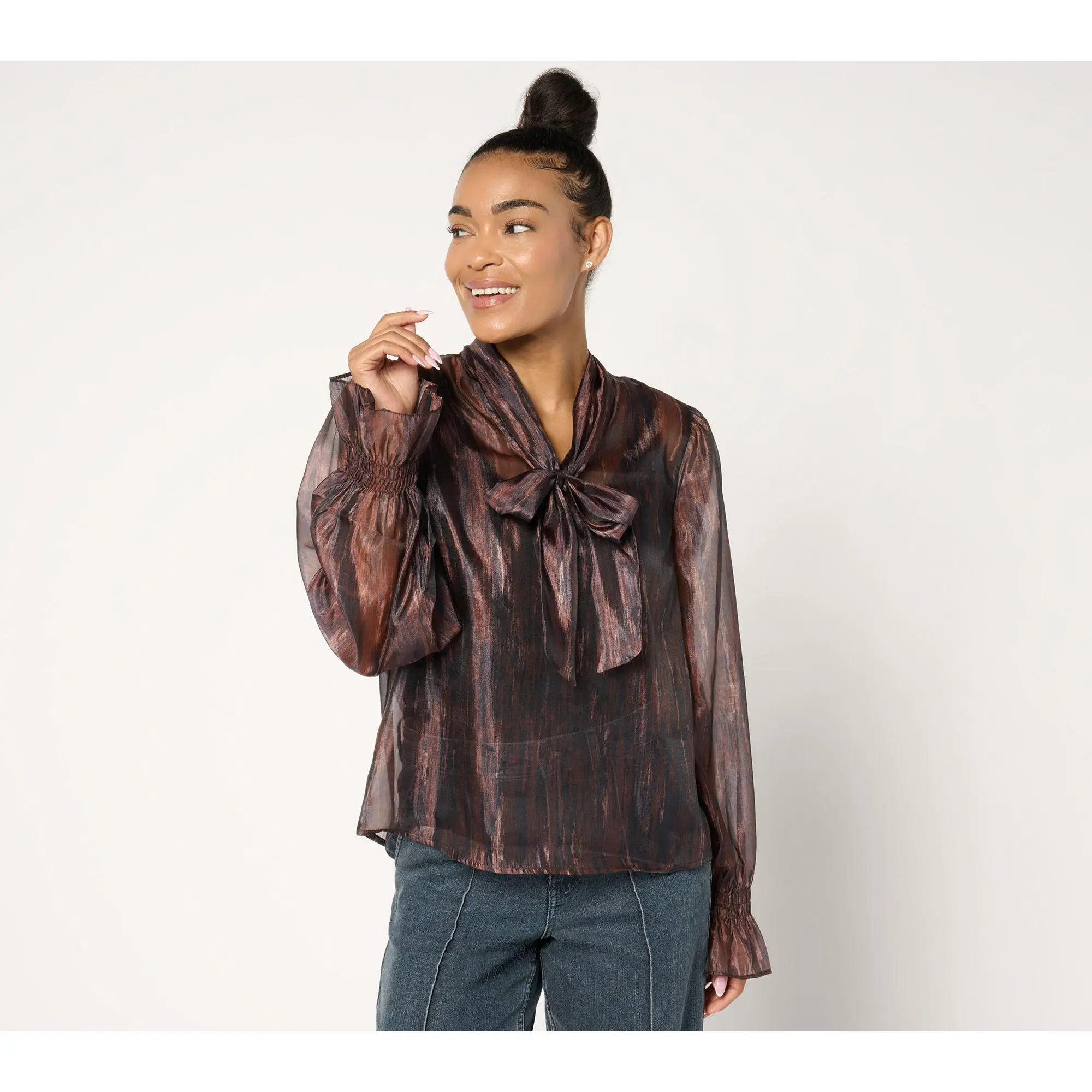 Me by Jennie Garth Tammy Woven Tie Neck Blouse