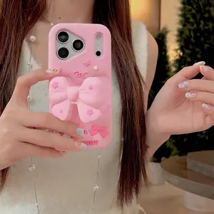 New Pink Girly Folding Bow Stand Smartphone Case For iPhone 17 16 15 14 13 Pro Max – Minimalist Silicone Shockproof Protective Case