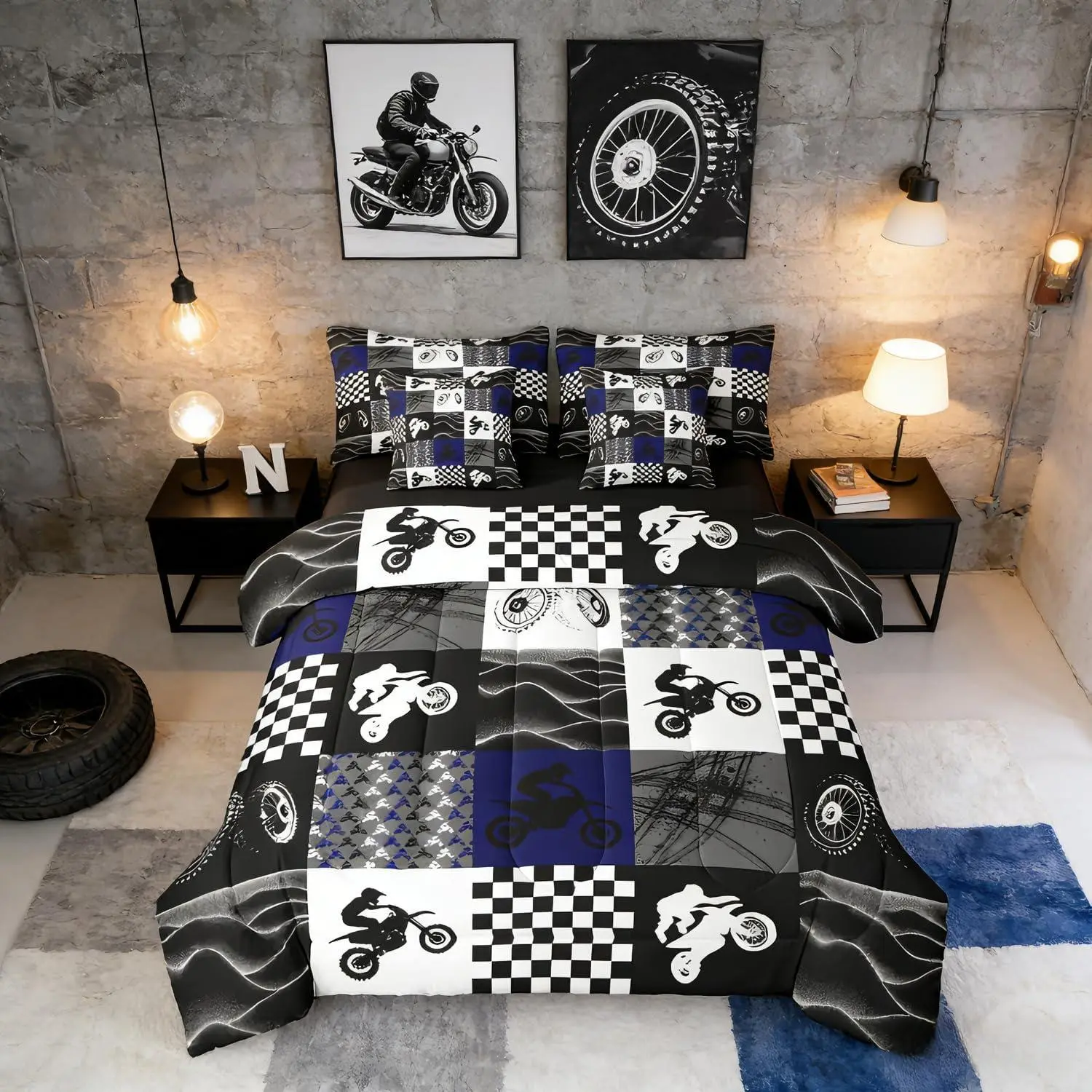 Feelyou Ultra Soft 7-Piece Microfiber Motorbike Theme Bedding Set - Multi-Size Dirt Bike Comforter Set with Sheets, Pillowcases for Motocross Enthusiasts, Microfiber Bedding Set