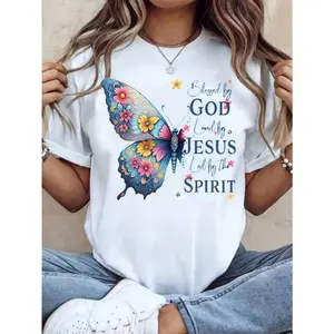Women Round Neck T Shirt Butterfly Floral Design By God Loved By Jesus Led By The Spirit Print Short Sleeve Casual Tops