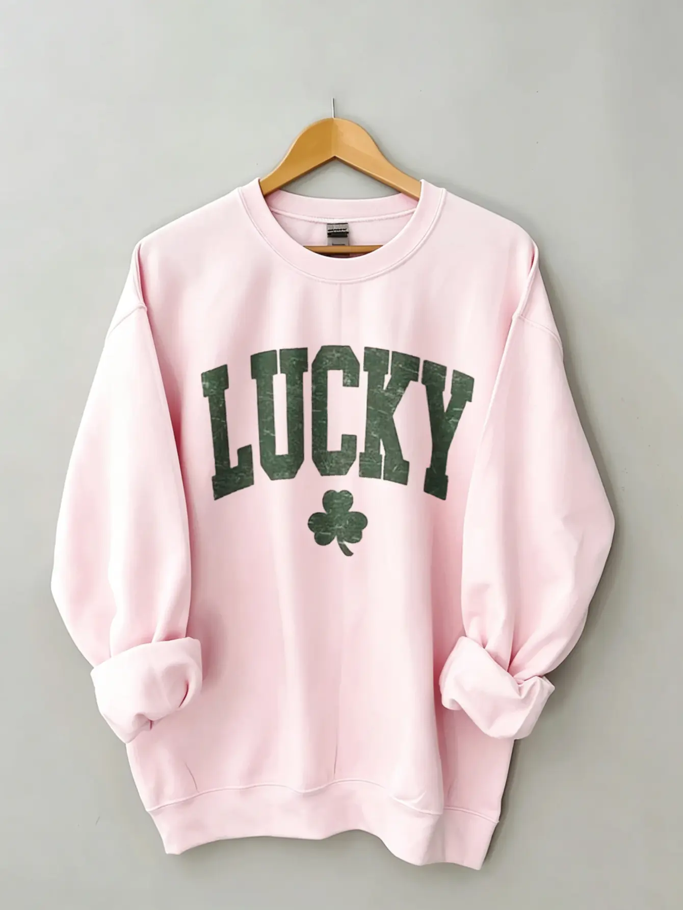 Women's GILDAN 18000 Smooth Cotton Yarn Fleece Crewneck Sweatshirt - Ribbed, Lucky Shamrock Letter Printed, Loose Everyday Fall Pullover, Light Pink & Multi-Color Options
