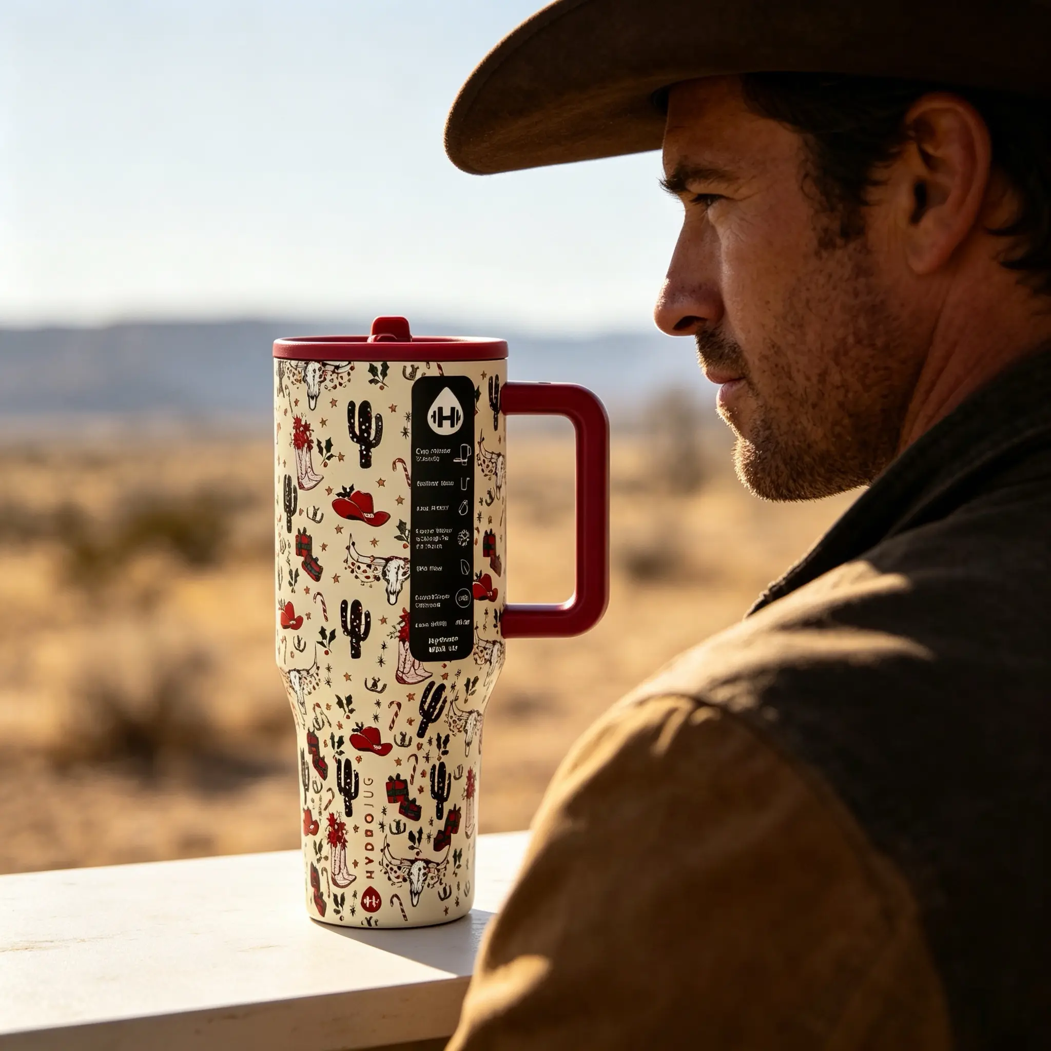 HydroJug 40oz Portable Insulated Stainless Steel Vacuum Flask Water Bottle - Cowboy Cactus Print Tumbler with Handle, Straw, 24H Cold Retention, Cup Holder Friendly, Stylish for Car, Office, Any Occasion