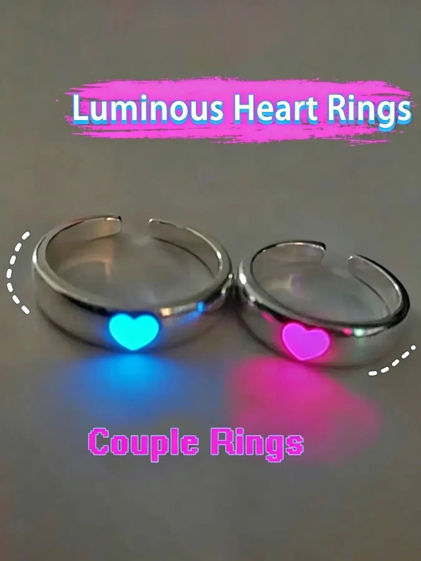 Fashionable Blue Heart Luminous Ring, unisex retro glow-in-the-dark design, adjustable silver couple ring jewelry gift. Perfect present for boyfriend, girlfriend, best friend, ideal for Halloween parties and couple gifting.
