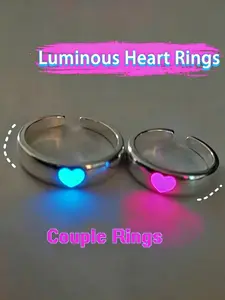 Fashionable Blue Heart Luminous Ring, unisex retro glow-in-the-dark design, adjustable silver couple ring jewelry gift. Perfect present for boyfriend, girlfriend, best friend, ideal for Halloween parties and couple gifting.