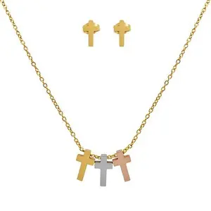 Stately Steel Tri-Color Cross Necklace and Earrings Set