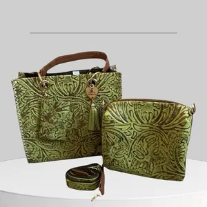 Piel suculenta Leather Green Tote Bag and Crossbody with Embossed Floral Design and Tassel Accents