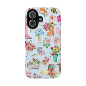 Golden Retriever & Flower Phone Case for IP 16 15 14 13 12 11 Pro Max XR Xs 6 7 8 Plus SE, Floral & Dog Aesthetic Cottagecore Phone Case, Shockproof Protective Cover, Cute Floral Dog Tough Case, Gift for Women & Girls