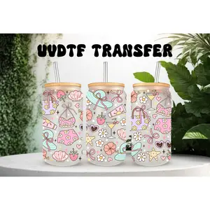 UVDTF Wrap Girly Floral Beach 16oz Can Glass Mug Tumbler, Ready to apply, Permanent Waterproof Adhesive, Add on a Cup (Copy)