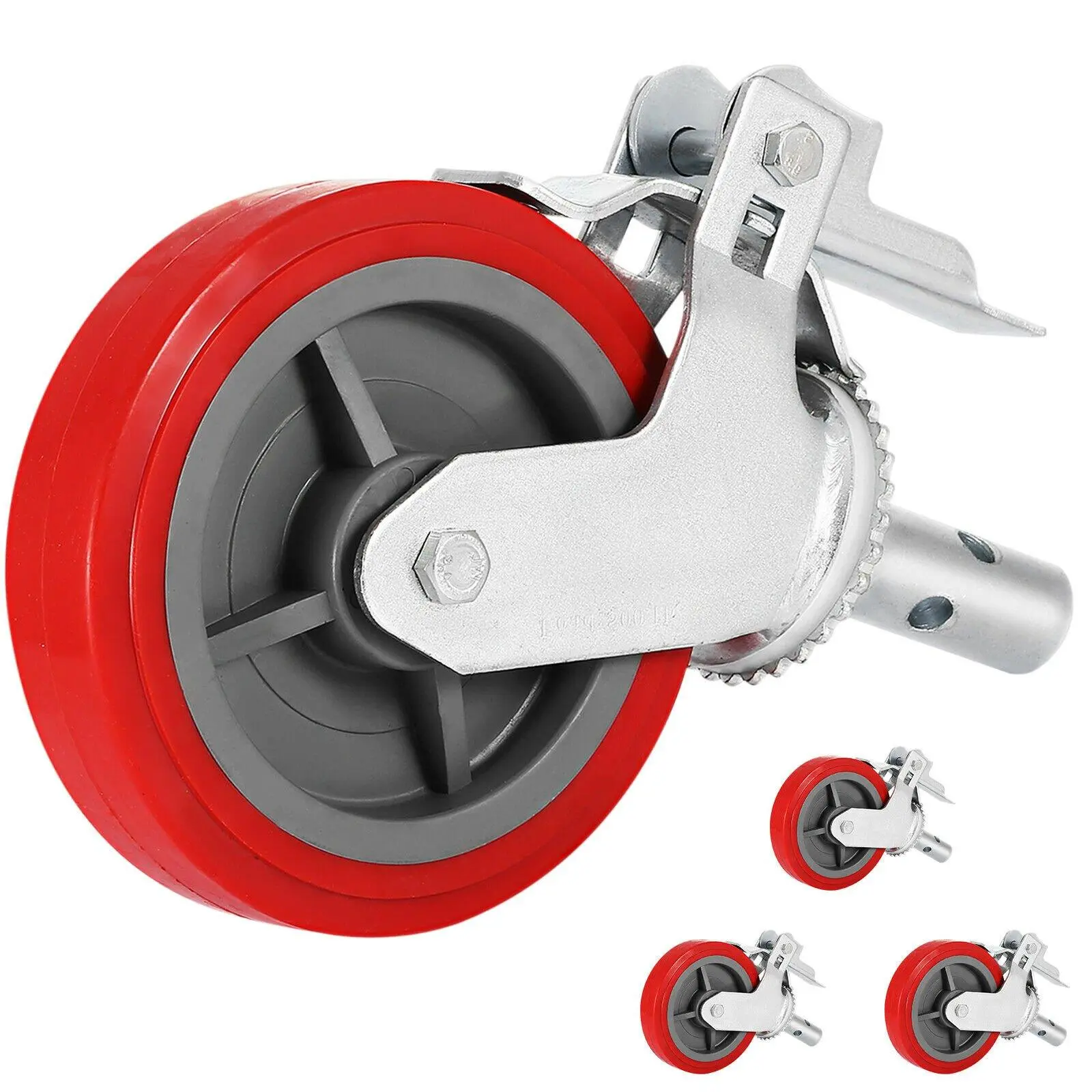8 Inch Scaffolding Casters Set of 4, 3200 LBS Total Load Capacity Heavy-Duty Stem Casters, Red Non-Marking Polyurethane Wheel with Cast Iron Core, 360° Swivel Dual Locking Brake Casters, Industrial Replacement Wheels for Scaffold, Shelves & Workbench