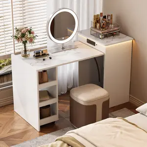 52-inch Computer Desk with Storage, White Desk with Lighting,Makeup Vanity,Small Collapsible Desk Game Table Dining Table Mobile Writing Desk with Wheels, Adjustable Student Desk Foldable Workstation