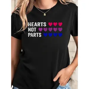 Ladies' "Hearts Not Parts" Bisexual Pride T-Shirt. Round Neck, Short Sleeve Casual T-Shirt | 100% Cotton, 100% Spandex Knitted Fabric | Regular Length, Machine Washable, Versatile T-Shirt for All Seasons. Top Womenswear shirts women