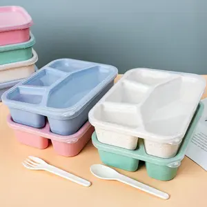 Wheat Lunch Box, Office Use, Long Rectangle 4 Compartment Bento Box, Leak-Proof Food Container, Teenagers and Office Workers Kitchenware, School and Classroom