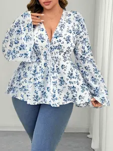Women's Plus Size Elegant Casual Full Print V-Neck Front Tie Flare Long Sleeve Blouse Shirt Top, Stylish and Comfortable Fashion