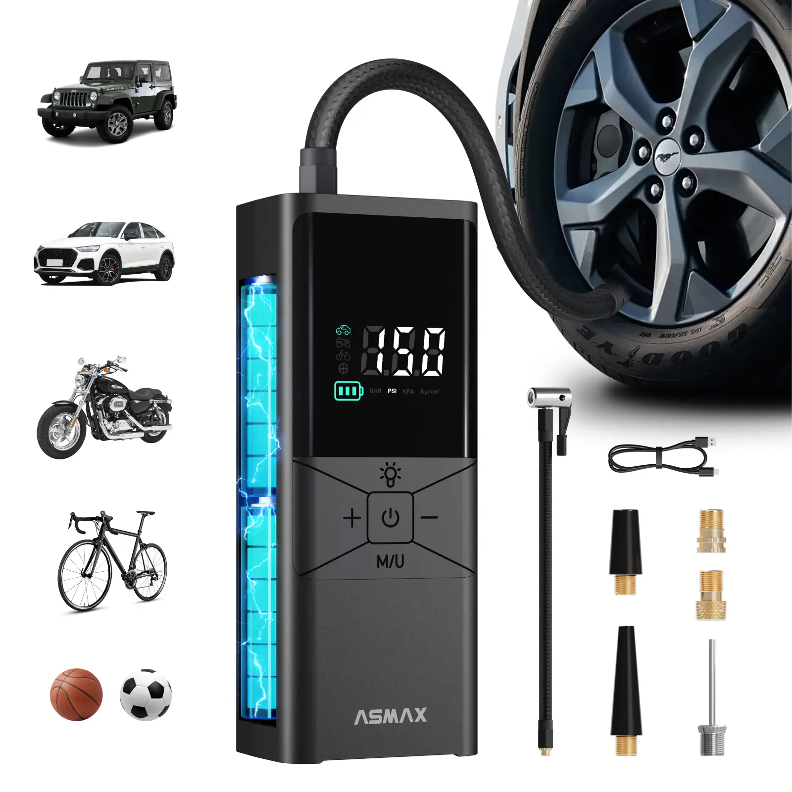 ASMAX T40 Smart Cordless Electric Air Pump, 150 PSI Tire Inflator with 4 Preset Modes, Auto-Stop, 2×3000mAh Batteries, Type-C Fast Charging, LED Light (Lighting/Flashing/SOS), Presta-Schrader-Dunlop Valve Compatible, for Car-Motorcycle-Bicycle