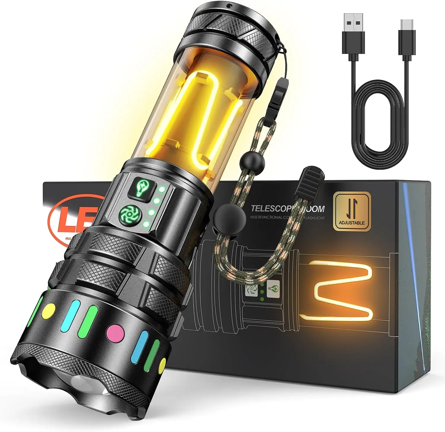 Tactical 5-in-1 Flashlight Rechargeable Camping Flashlight 13 Modes ...