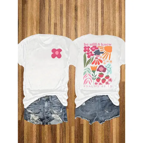 Women's Soft and Comfortable Floral Print Be Still Know Psalm T-Shirt Pure Cotton Casual Short Sleeve Round Neck Tee Perfect for Summer Outfits