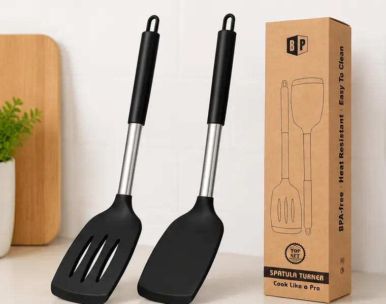 2-Pack Silicone Slotted Turner Spatulas, Nonstick Heat Resistant BPA-Free Cooking Utensils, Flexible Fish Turner for Eggs, Pancakes, Burgers & Fish, Black