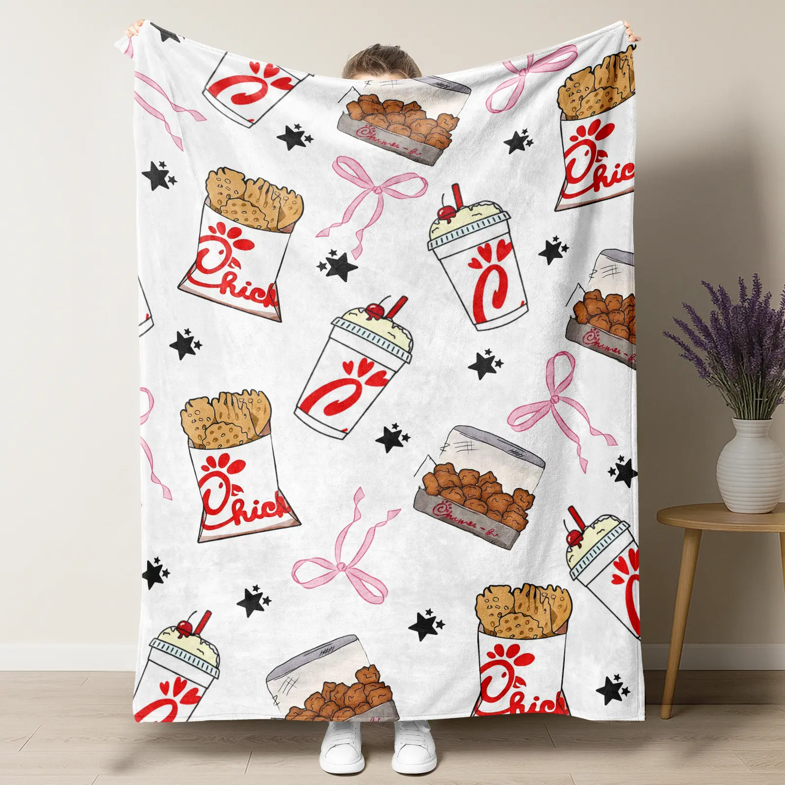 Chick-fil-A with Bow and Star Cute Pattern Flannel Blanket Warm and comfortable, Suitable for bedroom nap blankets and decorative items for sofas,Gifts for food lovers