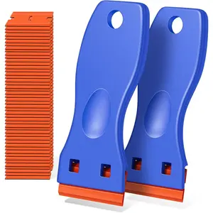 Plastic Razor Scraper, 2 Pack Razor Scraper with 120 Pcs Razor Blades for Removing Glue, Sticker, Decals, Tint from Car Window and Glass(Blue)