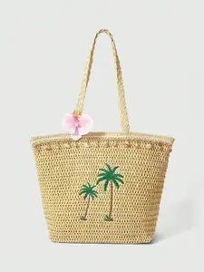 Classic and fashionable minimalist straw woven tote bag, handmade weaving technique, coconut tree embroidery design, shell edging, large storage capacity, vacation and leisure style, practical and stylish dressing item