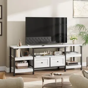 63 Inch TV Cabinet with 2 Fabric Drawers 4 Layers Modern TV Stand with Storage Shelves Media Console Table for TV for Living Room Bedroom White