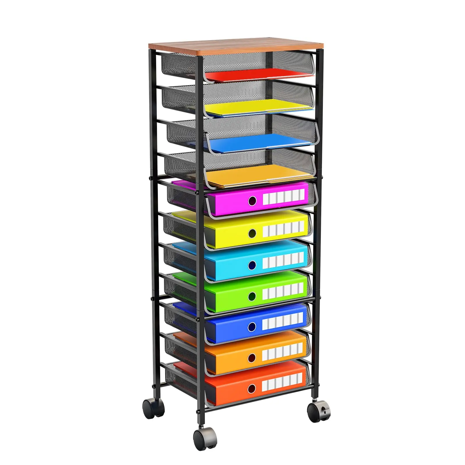Simple Trending 12 Tier Rolling File Cart, File Storage with Wheels, Wood Desk File Organizer with Sliding Trays and Wetal Mesh Paper Letter Storage Multi-Functional Rolling Clutter Cart for Office, Home, School, Black