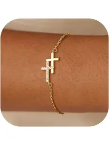 Gold Silver Cross Bracelets for Women 14K Gold Plated Bracelet Cross Tennis Bracelet Stacking Adjustable Cubic Zirconia Chain Bracelets for Women Girls Jewellery Gifts Faith Bracelets Exquisite Trendy Bracelet Cuban Bracelets Exquisite Bracelet
