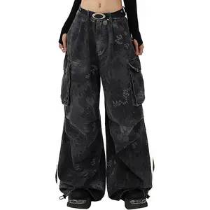 Bakyarder Vintage Camo Snake Print Cargo Jeans Loose Fit Hip Hop Wide Leg Denim Streetwear Pants