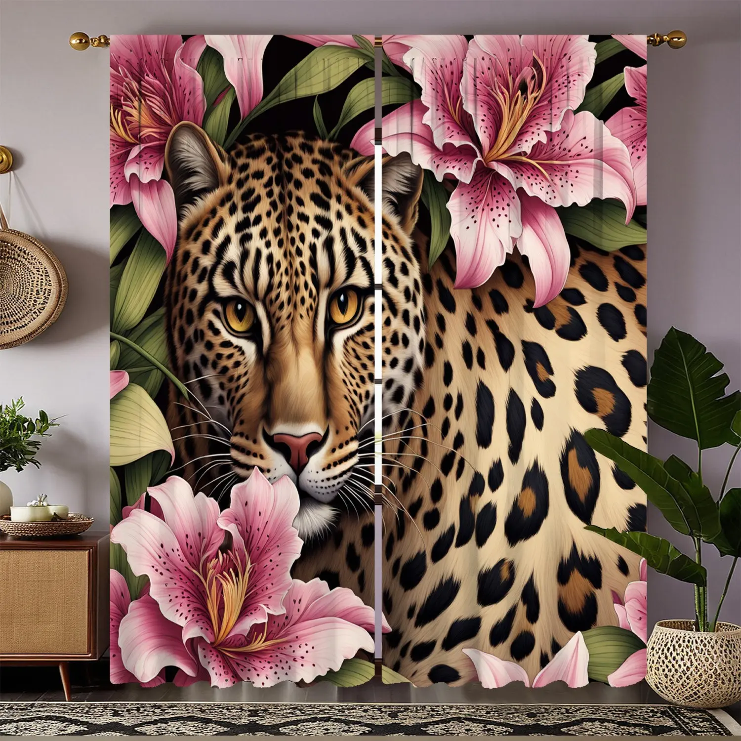 Open-Style 2-Piece HD Digital Print Curtains Window Drapes Floral, Leopard Face Close-Up, Basket Items, Plant Pot Gold Round Home Decor