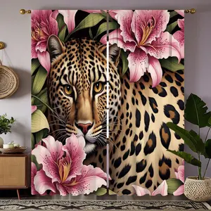Open-Style 2-Piece HD Digital Print Curtains, Leopard Face Close-Up, Basket Items, Plant Pot Gold Round Home Decor