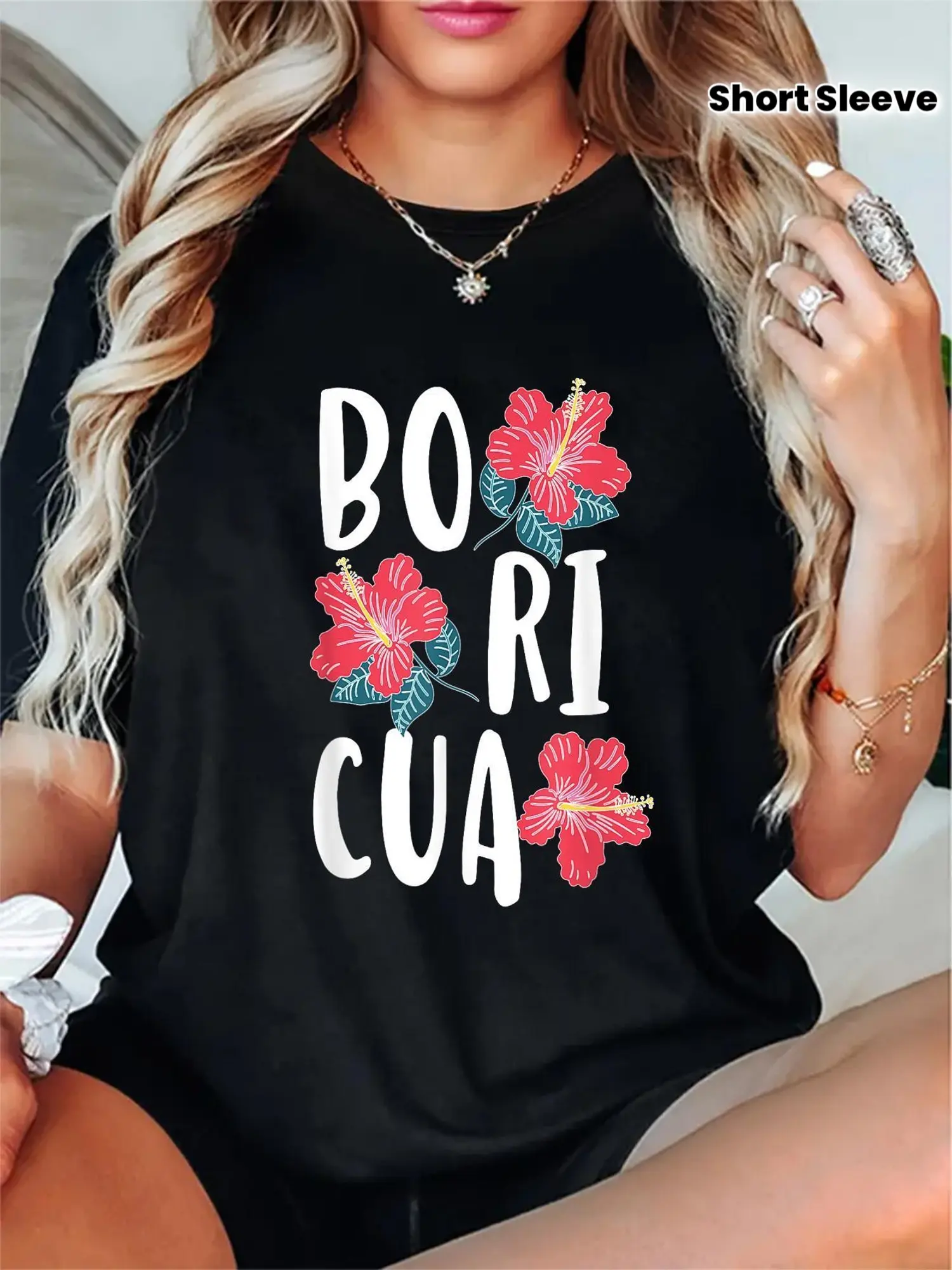 Poriku Flower Latin American Puerto Rican Puerto Rican Print Women's Crew Neck Short Sleeve T-Shirt