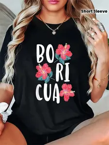 Poriku Flower Latin American Puerto Rican Puerto Rican Print Women's Crew Neck Short Sleeve T-Shirt
