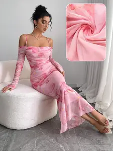 Sheer Floral Off-Shoulder Ruched Split Skirt, Elegant Summer Dress for Parties and Beach Days, Stylish Travel with a Touch of Grace