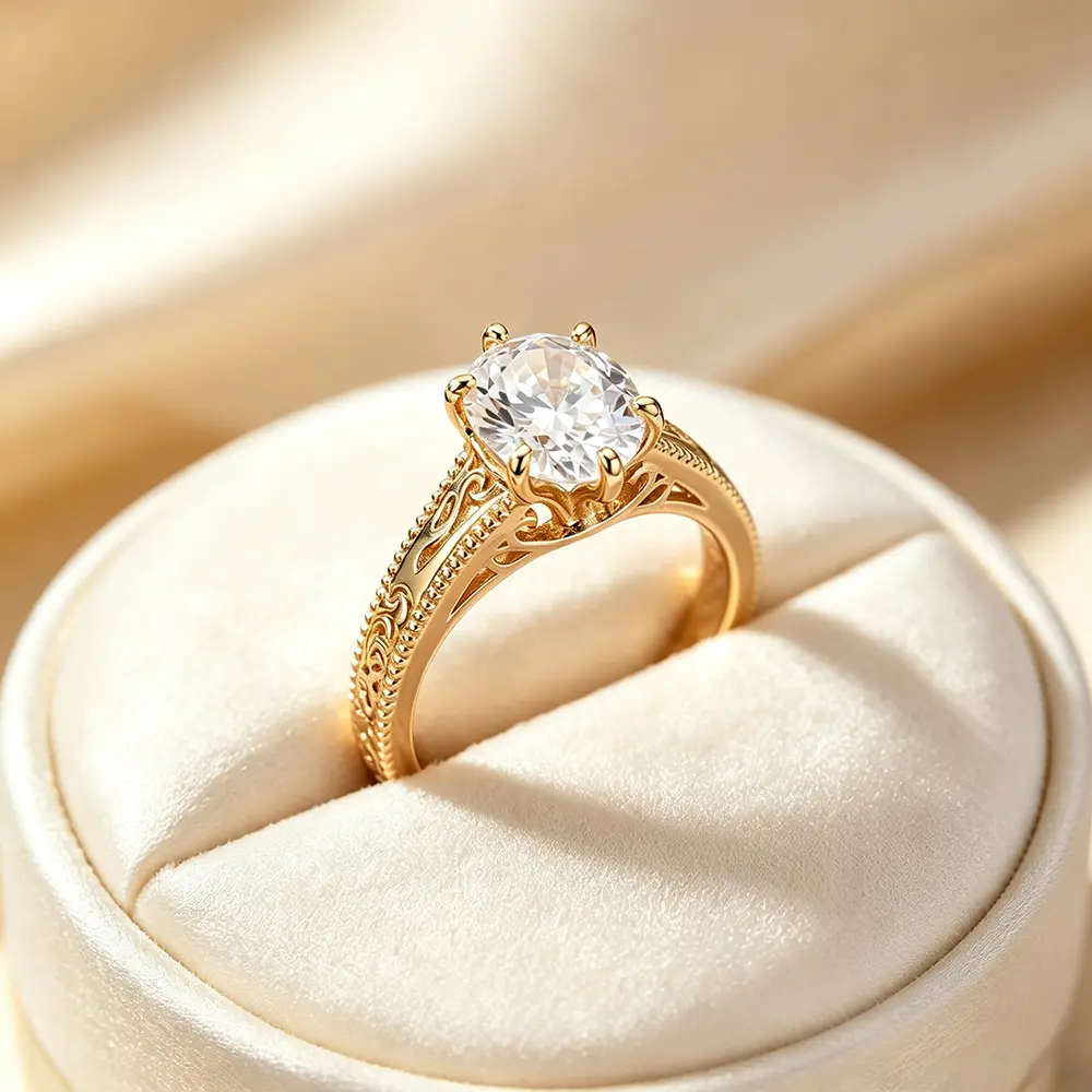 Vintage Wedding Ring for Women with an Oval Cubic Zirconia, Geometric Filigree Copper Band with a 6-Prong Setting and Milgrain Edge
