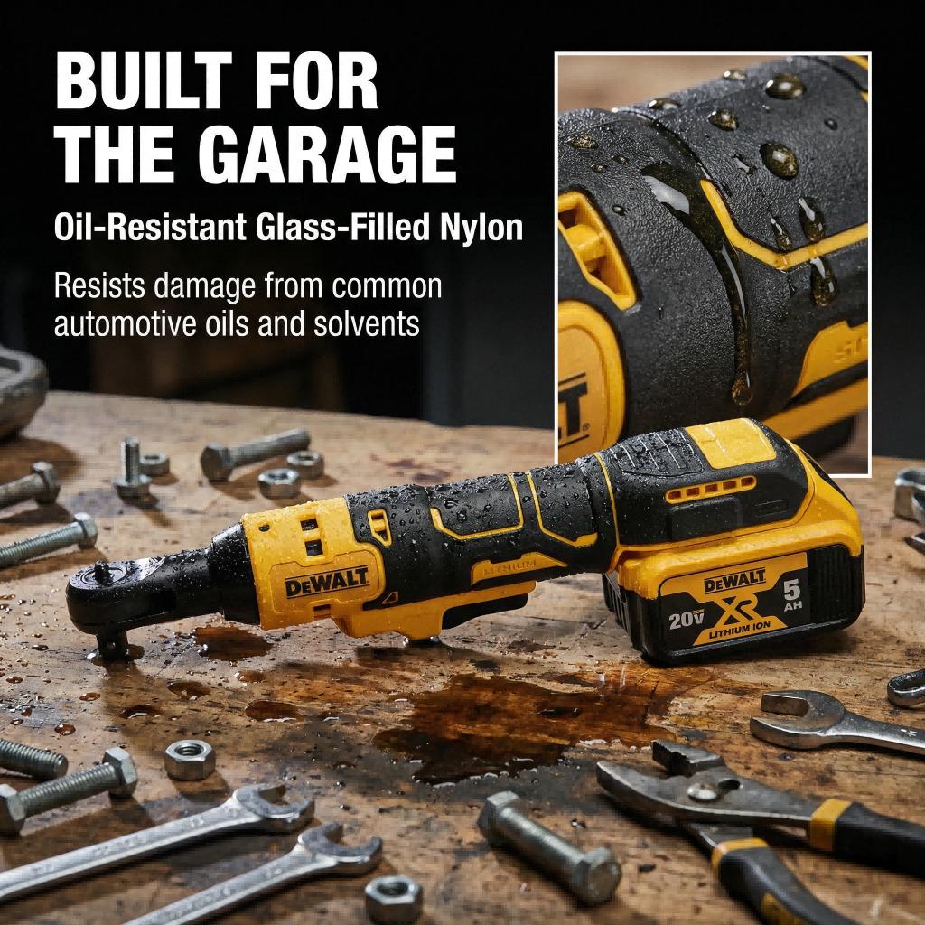 DEWALT DCF512 1/2" Brushless Cordless Ratchet Wrench – 95Nm Max Torque for Auto Repair & Tight Engine Bays – Low-Profile Open Head with Oil-Resistant Housing