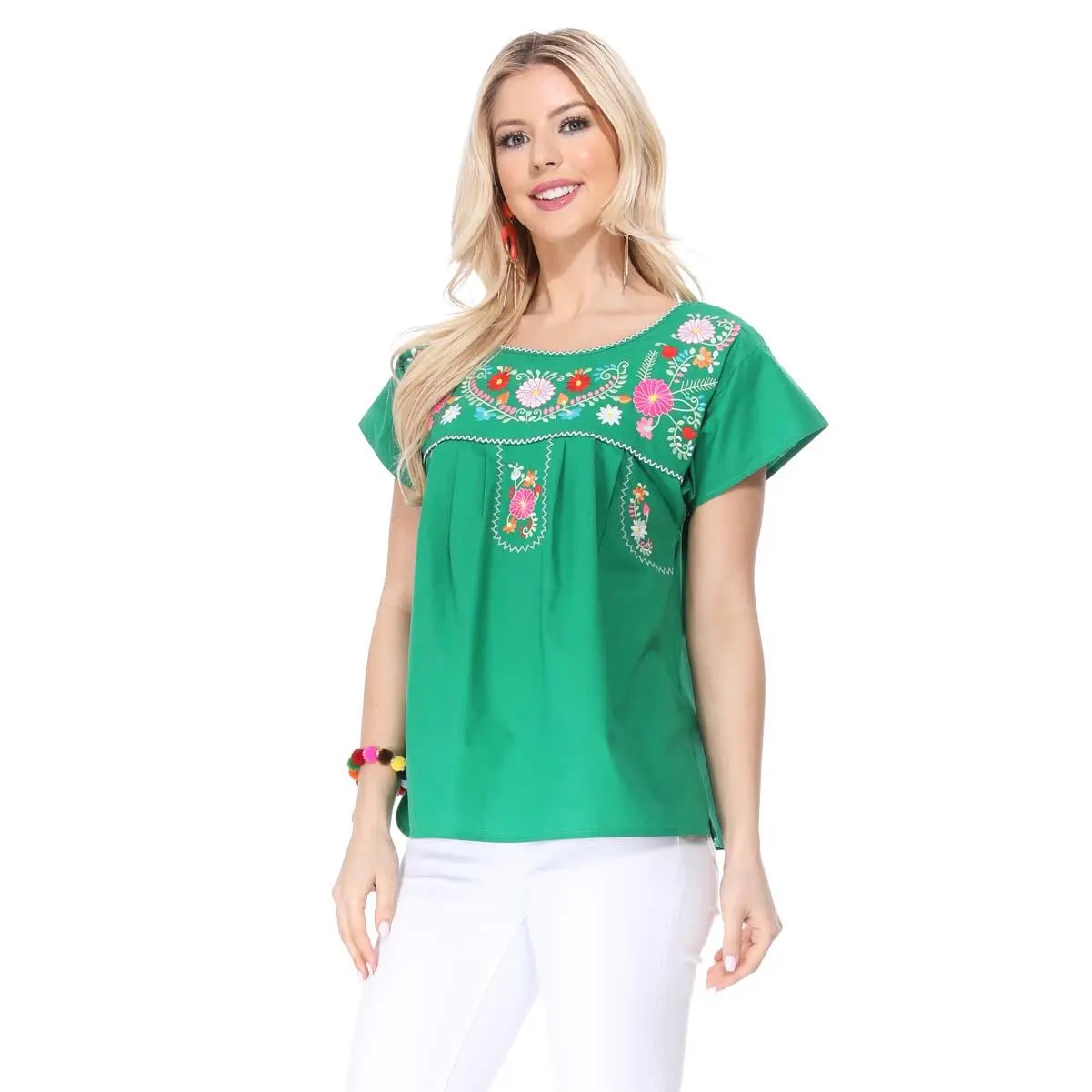 Women Traditional Puebla Mexican Embroidered Blouse Green MT801