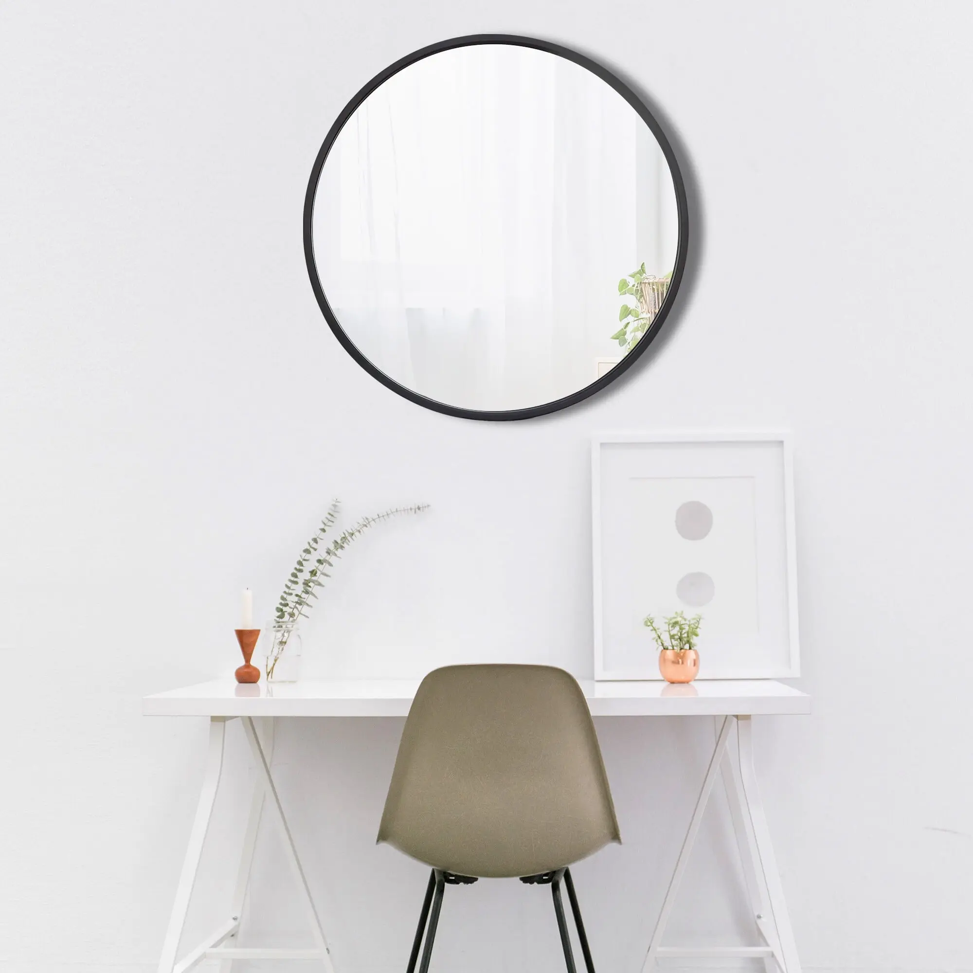 SUPERDEAL 18-Inch Narrow Frame Minimalist Aluminium Circle Glass Wall Mirror, Black Metal Hanging Decorative Mirror for Bathrooms, Vanity, Entryway Interior Reflection