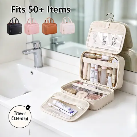 Waterproof PU Leather Hanging Travel Toiletries Kit - Multi-Compartment (4 Comp.), Large Cap, Makeup Pouch, All Purpose Cosmetic Organiser, Beauty Storage Solution, Home Bathroom Essential (Pink) [Whats in My Bag]