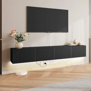 71 Inch Wall Mounted Floating TV Stand, Entertainment Console with LED Lights and Power Outlet, Fluted Storage Floating Cabinet, Practical Wall Shelf for TV in Living Room and Bedroom