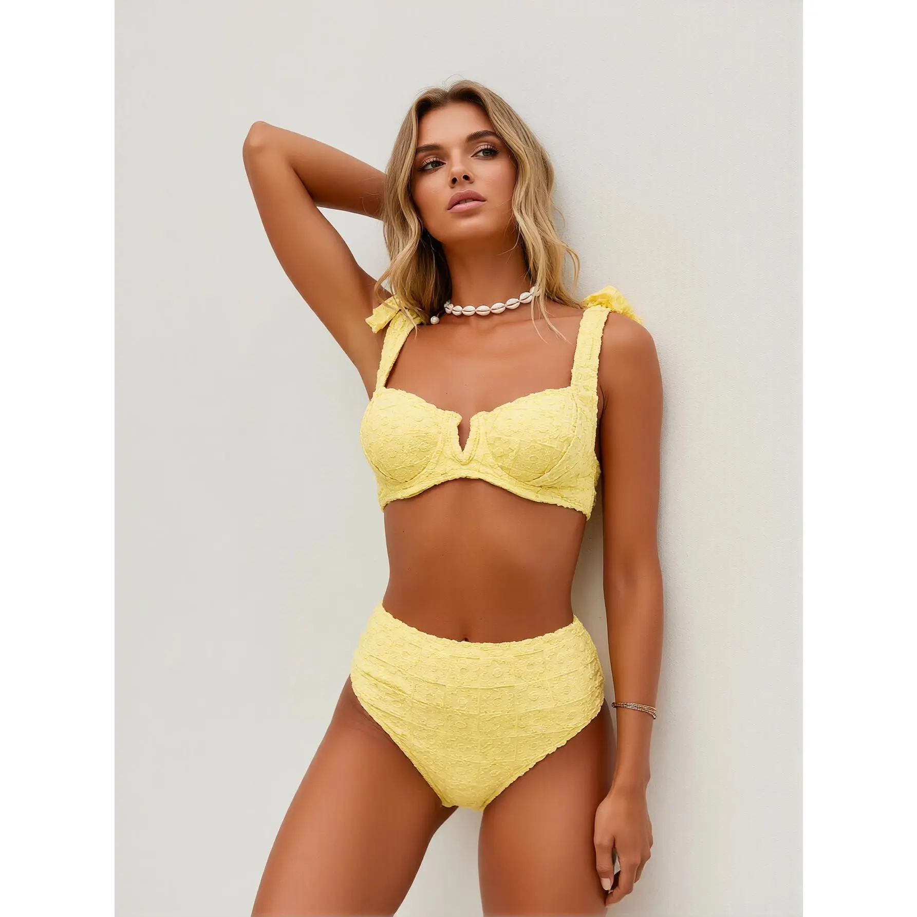 Women's Solid Pale Yellow Textured Eyelet High-Waist Bikini Set - Underwire Notched V-Cup, Self-Tie Bow Straps, Embossed Floral Pucker Stretch Fabric 2-Piece Vintage Bathing Suit for Beach, Summer Resort (bathing suits, women's swimsuits)